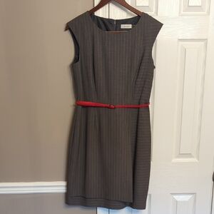 Calvin Klein Charcoal Pinstripe Dress with Scarlet Belt Work Conference Academia
